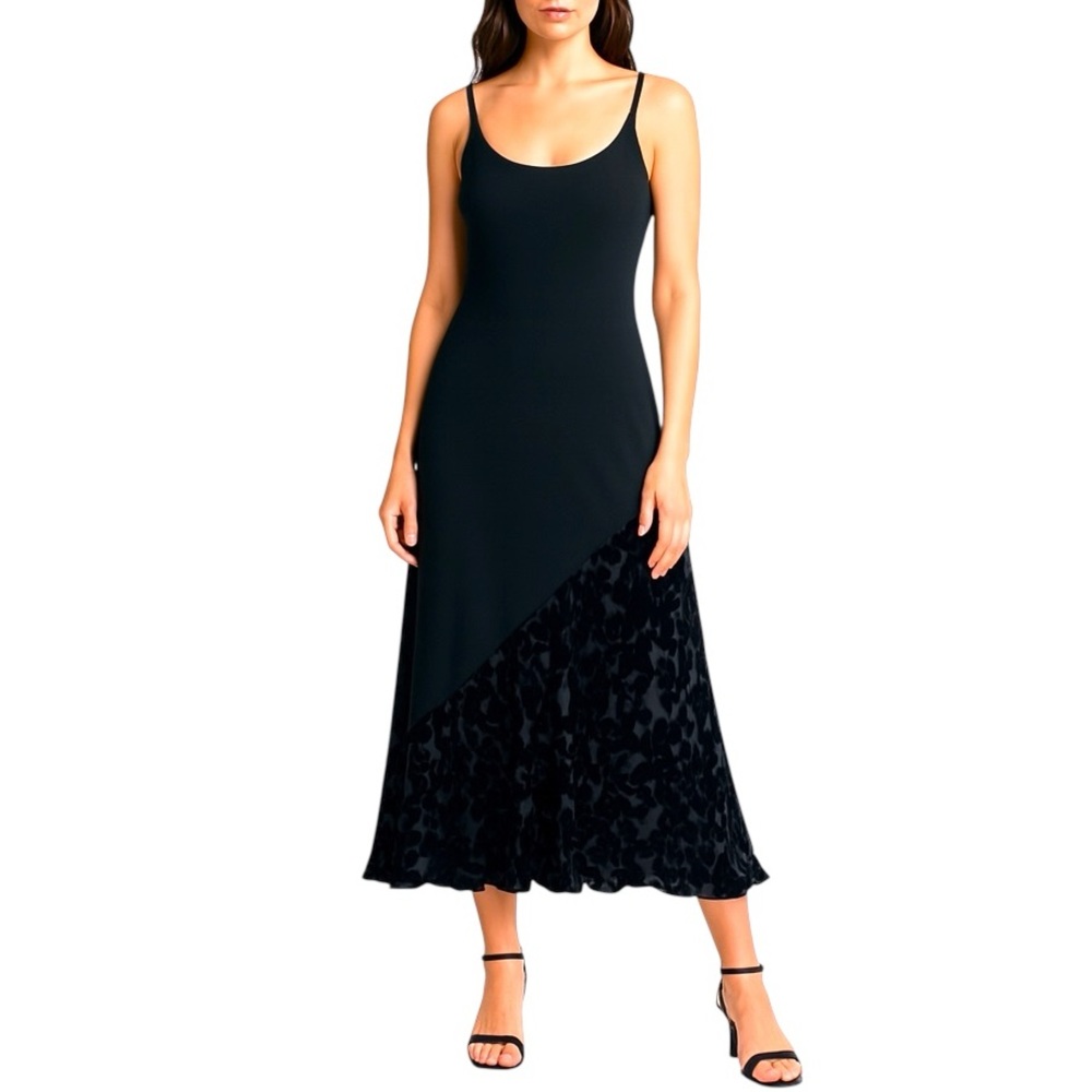 Laura Ashley Black Silk Blend Burnout Velvet‎ Hem Spaghetti Strap Maxi Dress